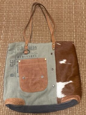 Myra Bag Olive Canvas and Brown Hair-On-Hide Messenger Tote